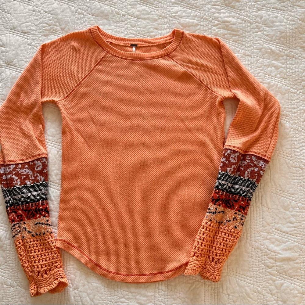 Free People Orange Long Sleeve Tee with Patterned Sleeves